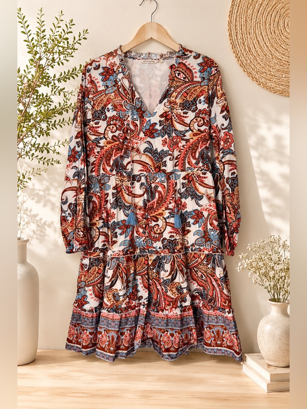 Soft Surroundings Paisley Tiered V-Neck Dress in White, Red, Blue, Brown